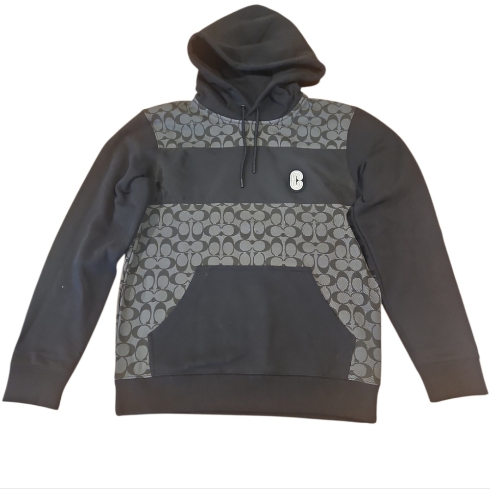 NWT Coach Organic Cotton Signature Logo Pullover Hoodie Black Gray S C0826 - Picture 2 of 12